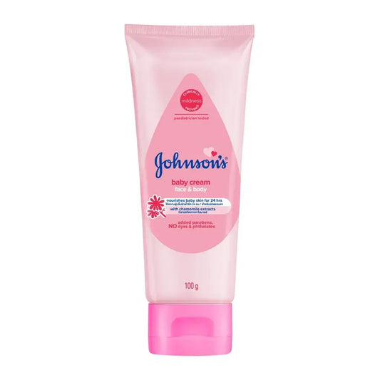 Front view of johnsons baby cream face body tube package in pink background
