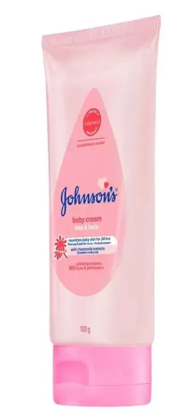 Side angle view of johnsons baby cream face body packaging showcasing the tube design