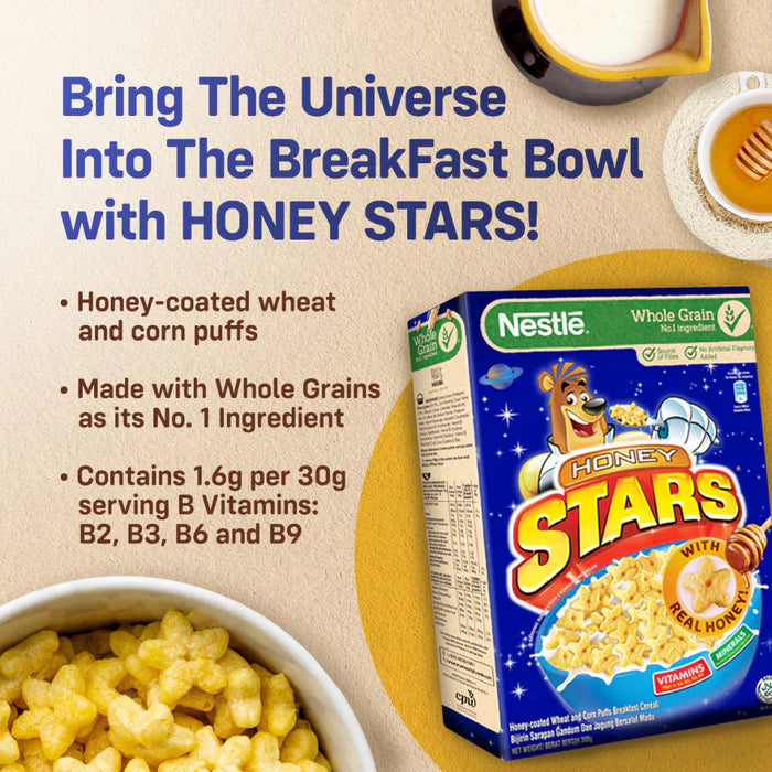 Nestle Honey Stars Cereal box with serving suggestion and text promoting whole grain and honey benefits