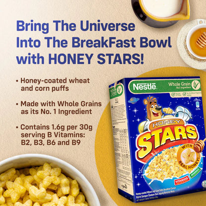 Nestle Honey Stars Cereal box with serving suggestion and text promoting whole grain and honey benefits
