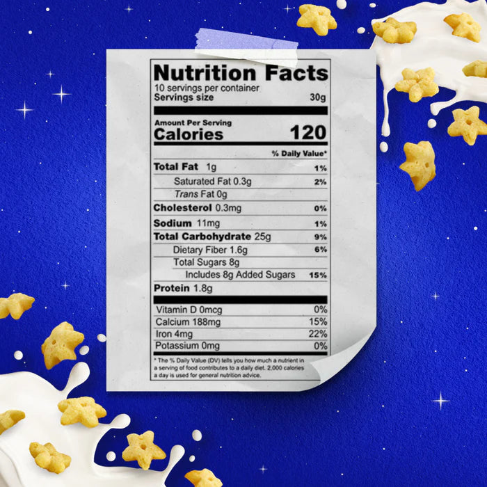 Nestlé Honey Stars Cereal nutrition information panel with calories, fat, fiber, vitamins, and minerals