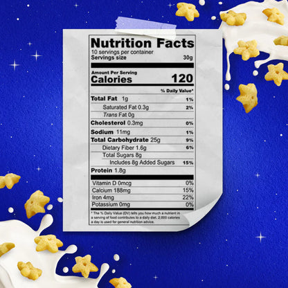 Nestlé Honey Stars Cereal nutrition information panel with calories, fat, fiber, vitamins, and minerals