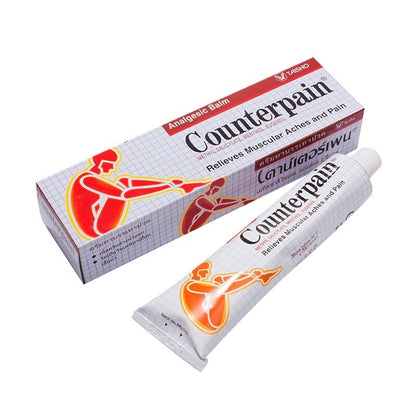     Counterpain Analgesic Balm 120g box and tube shown together with orange muscle relief graphic