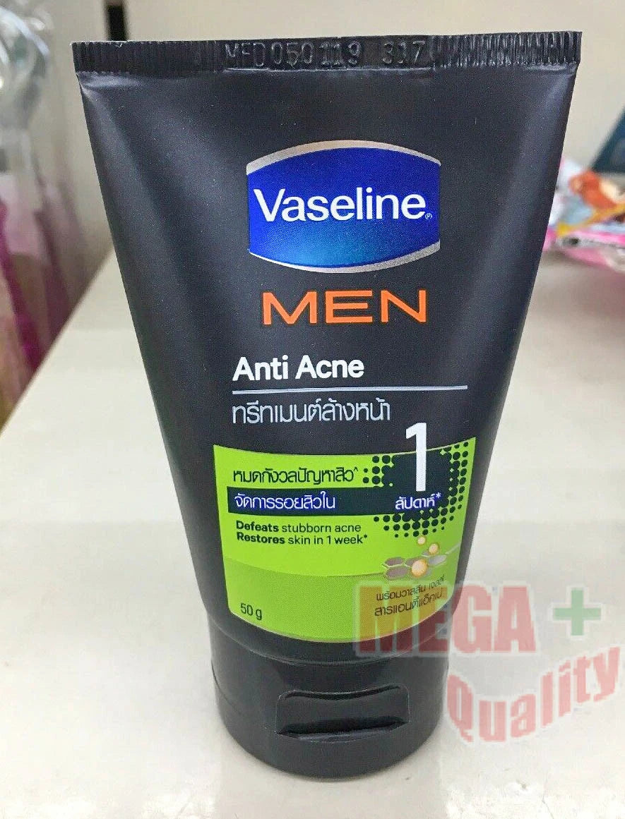 Angled view of Vaseline Men Anti-Acne Facial Wash 50g tube highlighting brand and product name