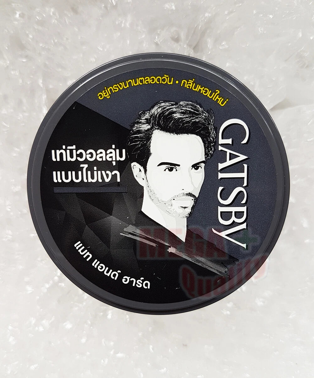 Top view of Gatsby Hair Styling Wax Mat & Hard lid featuring brand logo and Side Blow label