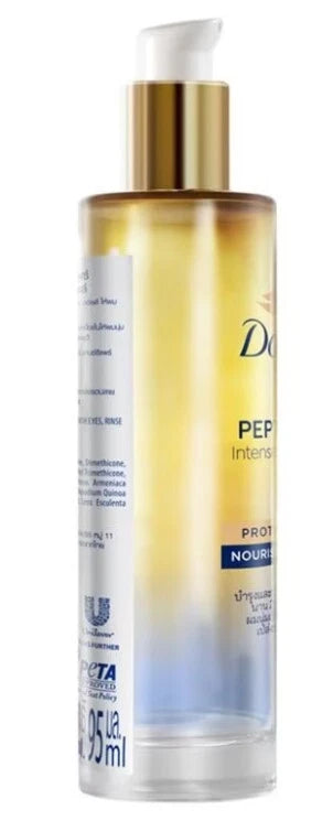 Full product shot of Dove Peptide Intense Repair Oil 95ml in an elegant gold-toned pump bottle.