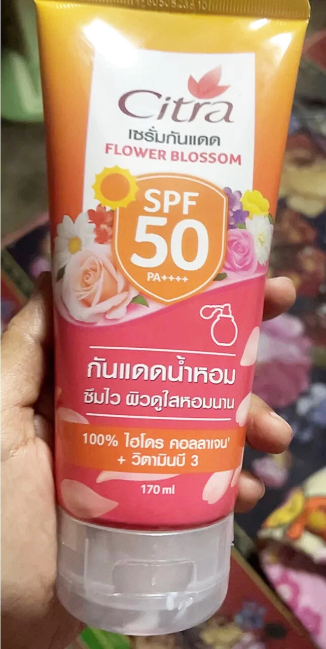 Citra Flower Blossom Serum SPF50 PA++++ packaging, 170ml body sunscreen serum for sun protection.