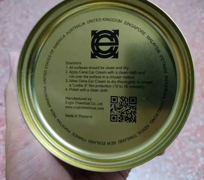 Cana Car Cream Wax gold-colored can bottom with QR code and product details