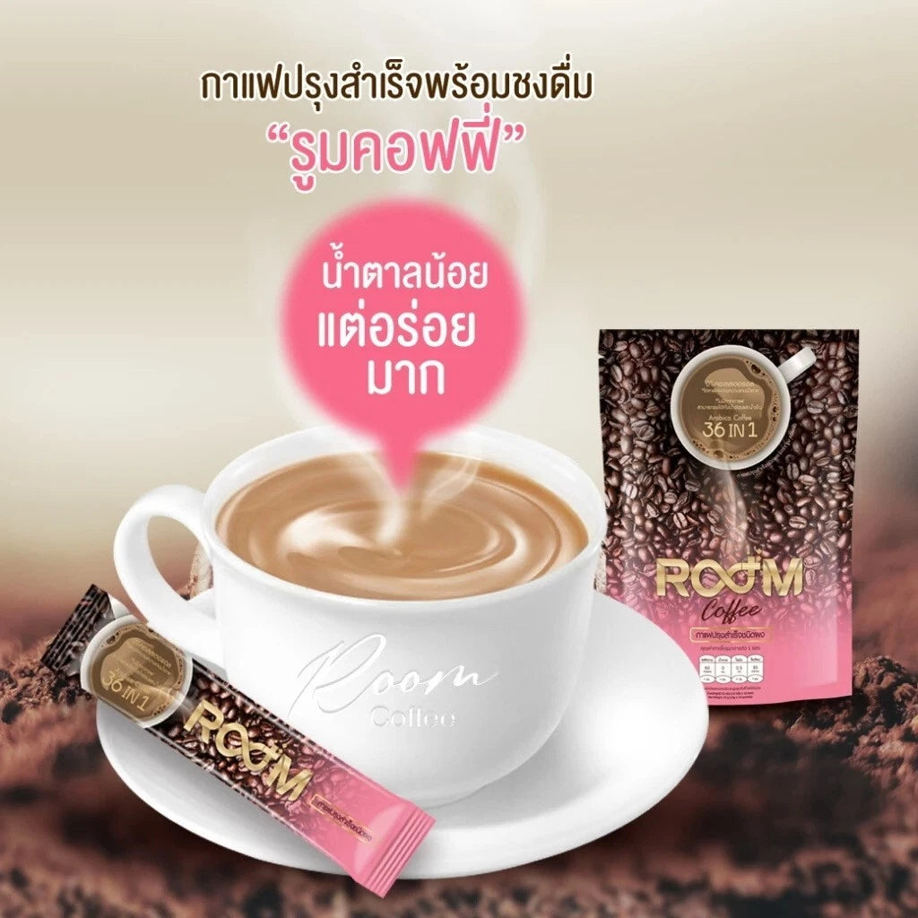 Room Coffee 36 in 1 Instant Coffee cup with sachet showing sugar free detox diet formula