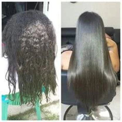 Before and after comparison showing frizzy damaged hair restored to smooth healthy hair using Wanthai Ginseng Hair Tonic Spray
