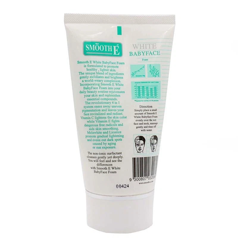 Smooth E White Babyface Foam back view with ingredients and directions