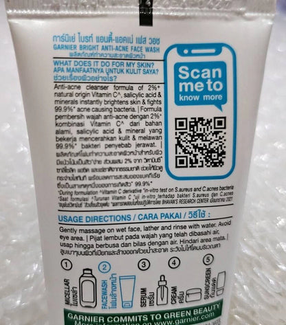 Garnier Bright Anti Acne Wash product back pouch packaging close up