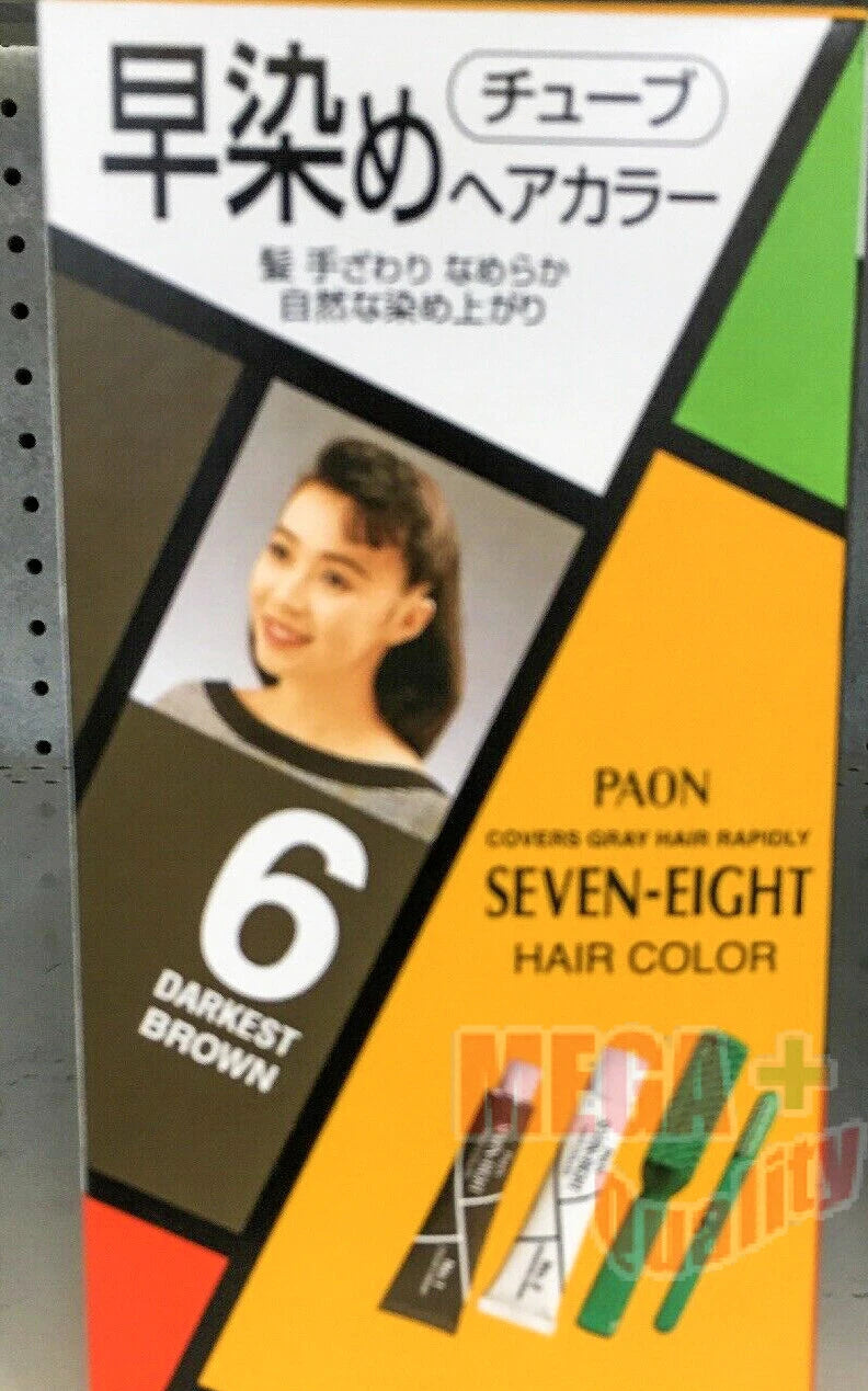 PAON Seven Eight Hair Color Dye Cream No.6 Darkest Brown packaging with model and vibrant design.
