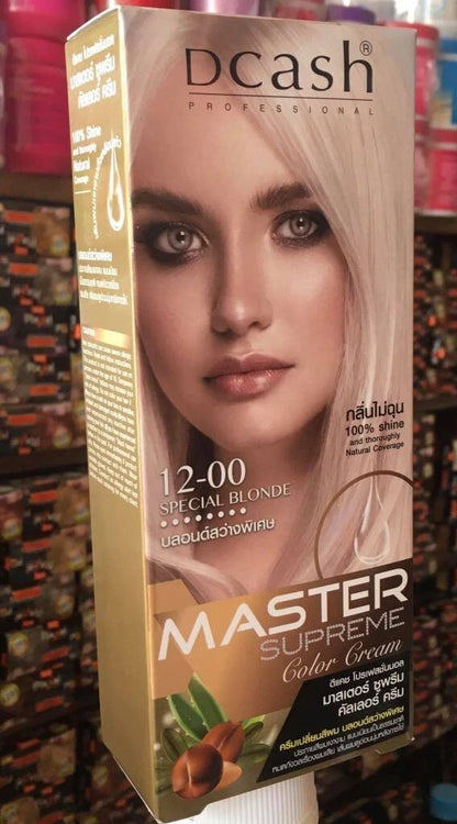 Dcash Master Supreme Hair Color Cream 12-00 Special Blonde Dye packaging with model showcasing the hair color.
