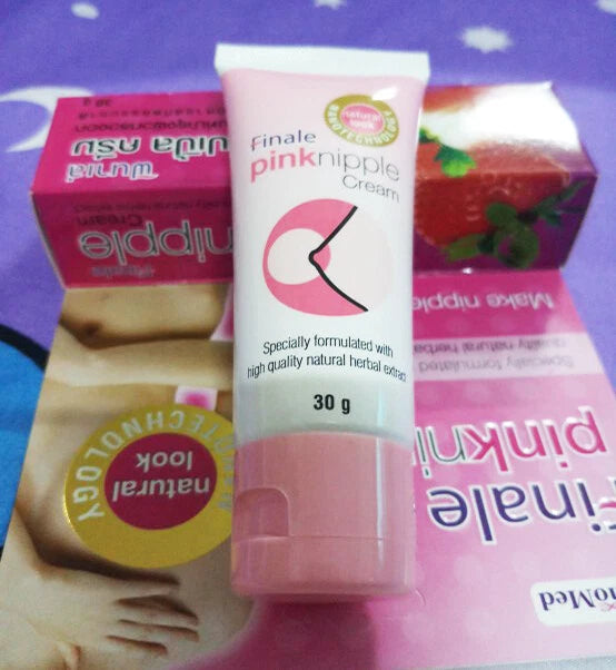 Finale Pink Nipple Cream tube and box displayed together on a purple surface