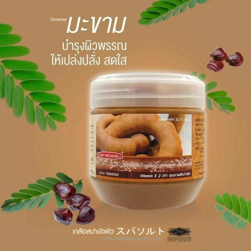 Carebeau Tamarind Salt spa scrub product with tamarind ingredients display