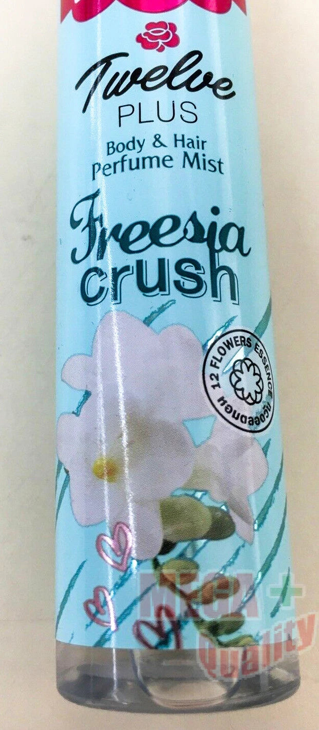 Twelve Plus Freesia Crush Mist body and hair perfume bottle with freesia flower design