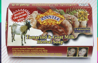 Front of Asantee Tamarind Goat Milk Soap box displaying goat image and natural herbal ingredients