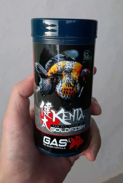 Hand holding Kenta Goldfish Food Gas Release Formula 150g pack