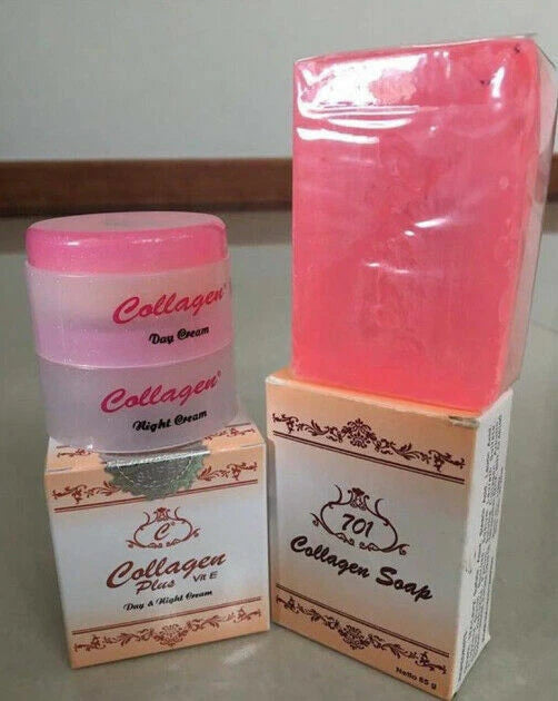 Collagen Plus Skincare Set complete box with soap toner and creams on display