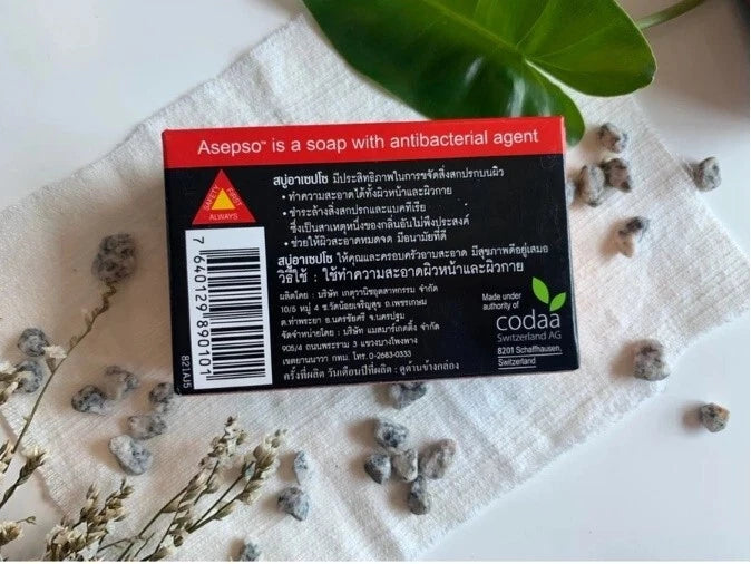Asepo soap bar's box showing the back side with Thai text and a barcode.