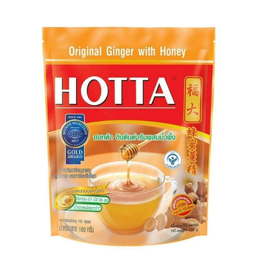 HOTTA Original Ginger with Honey Instant Drink Mix front packaging showing cup of ginger tea with honey and ginger roots.
