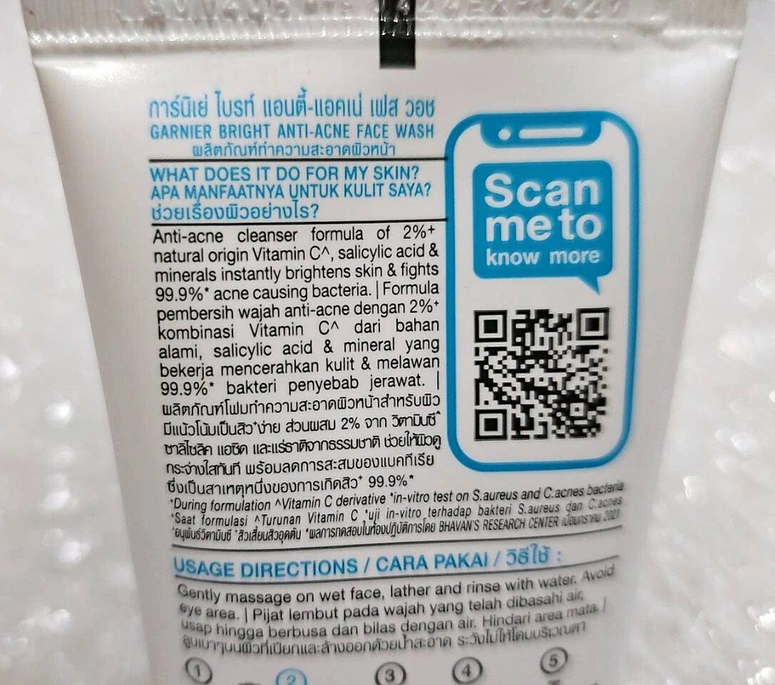 Garnier Bright Anti Acne Wash back packaging label ingredients and details