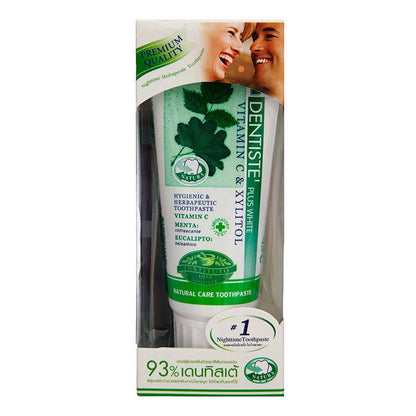 Dentiste Plus White Toothpaste with Vitamin C and Xylitol packaging featuring mint flavor, ideal for nighttime care and fresh breath 50g