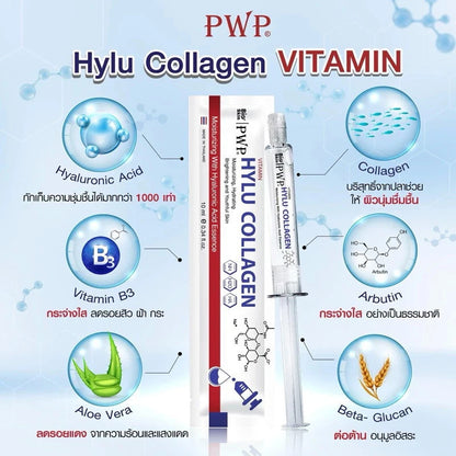 PWP Hylu Collagen Serum product card showing hydration brightening anti aging and pore tightening benefits