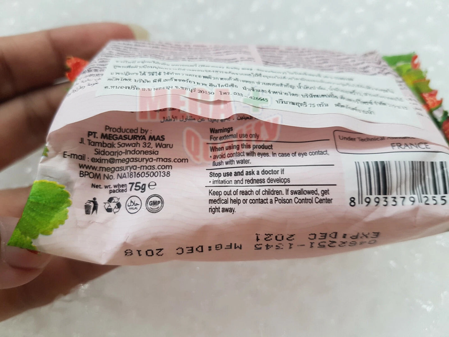  Barcode and manufacturing details printed on the side of Harmony Fruity Soap Strawberry 75g packaging