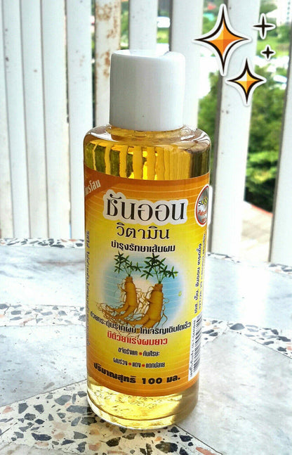 Sun On Ginseng Hair Tonic bottle 100ml placed on outdoor table with natural light background