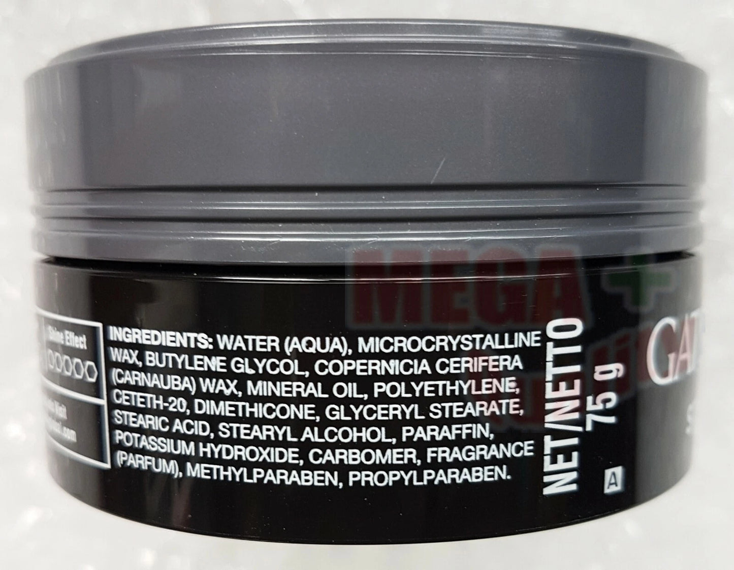 Back label of Gatsby Hair Styling Wax Mat & Hard 75g showing ingredients and instructions