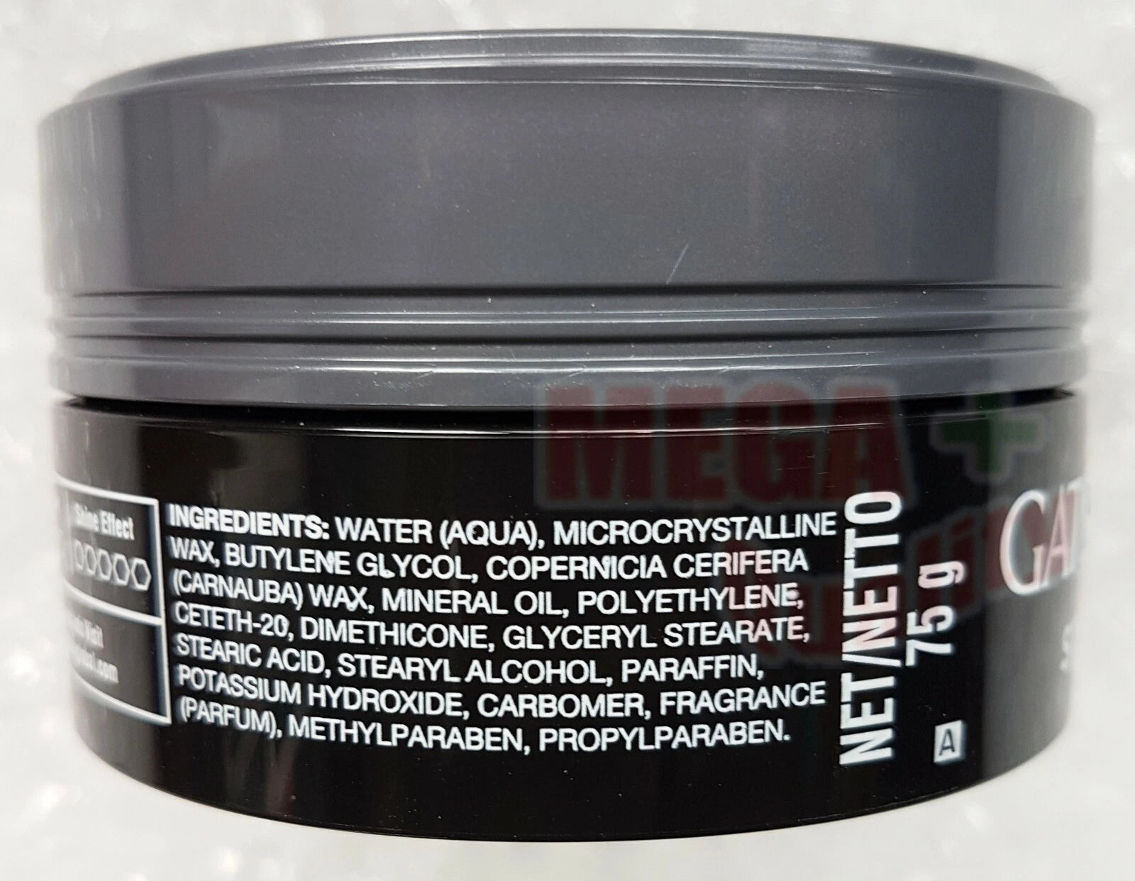 Back label of Gatsby Hair Styling Wax Mat & Hard 75g showing ingredients and instructions