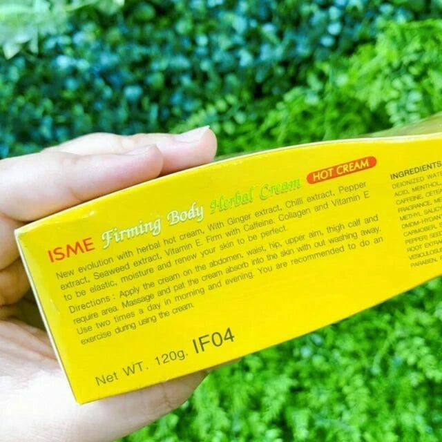 ISME Herbal Hot Cream Firming Body 120ml packaging with ingredients and usage instructions on a vibrant background.