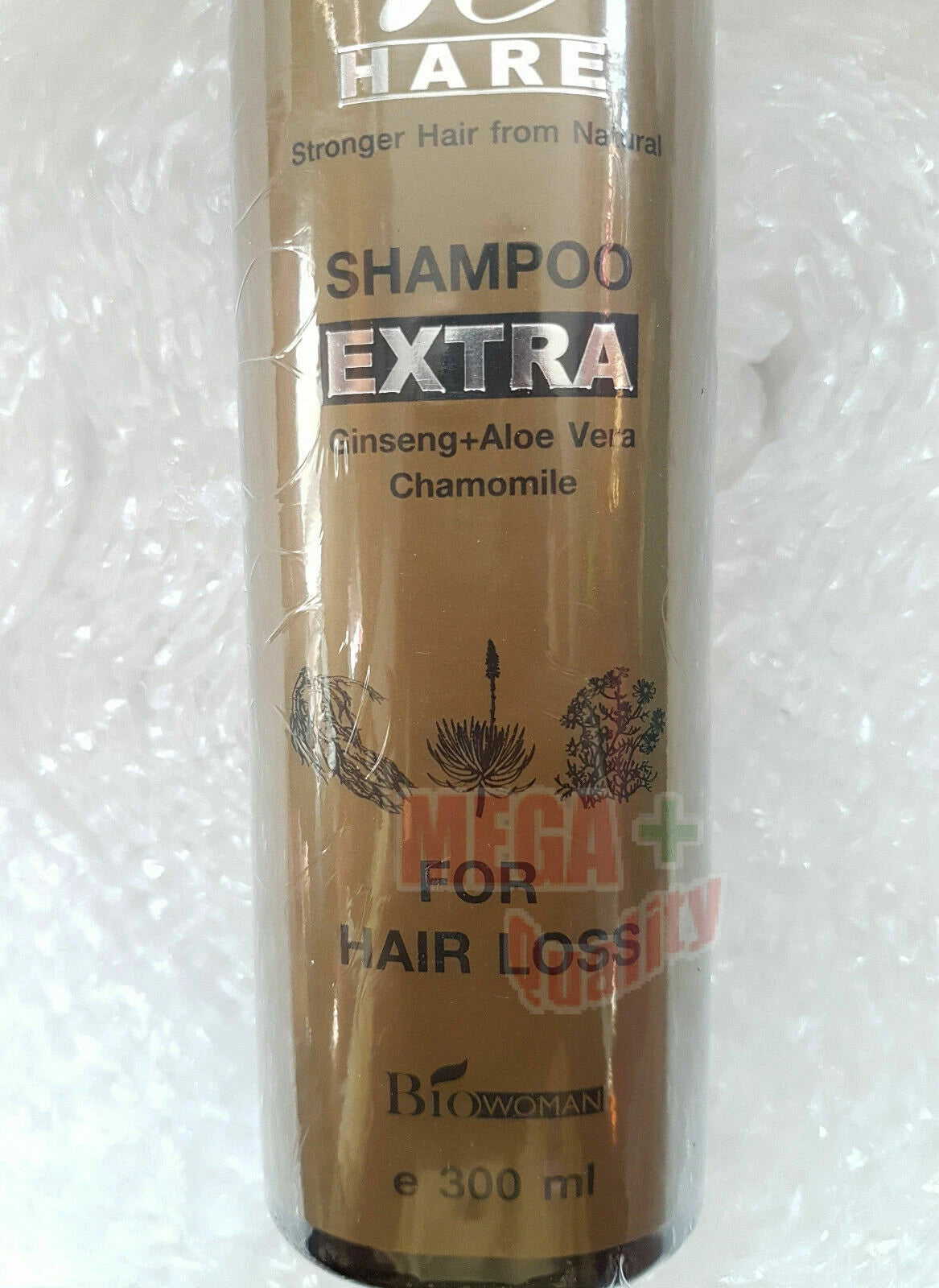 Close-up of Biowoman Re Hare Shampoo Extra label focusing on hair loss and hair care benefits