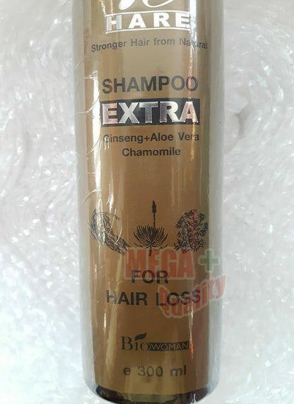 Close-up of Biowoman Re Hare Shampoo Extra label focusing on hair loss and hair care benefits