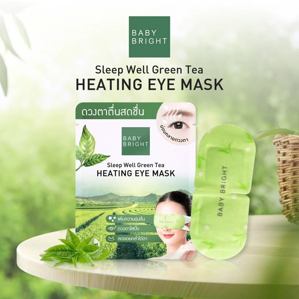Baby Bright Heating Eye Mask Green Tea lifestyle product image woman wearing mask