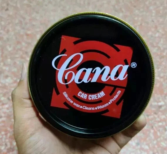 Cana Car Cream Wax lid photographed from above with red brand logo