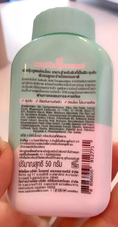 Sasi Acne Sol Loose Powder bottle front and back packaging