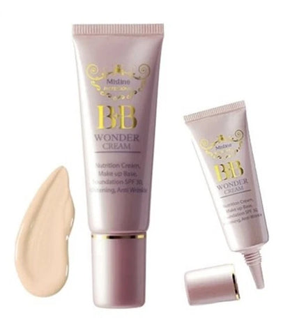 Mistine BB Wonder Cream primer foundation tube with light beige makeup swatch