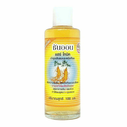 Sun On Ginseng Hair Tonic 100ml front bottle view with yellow label and white cap