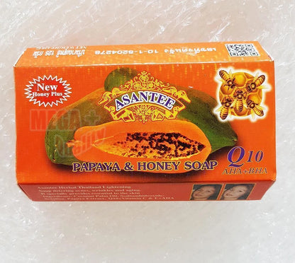  Asantee Papaya Honey Soap 125g front packaging with papaya, honey, Q10, AHA, and BHA brightening formula on white background