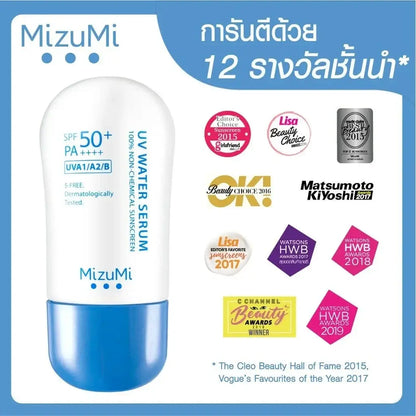 MizuMi UV Water Serum SPF50 PA++++ benefits icons and features packaging