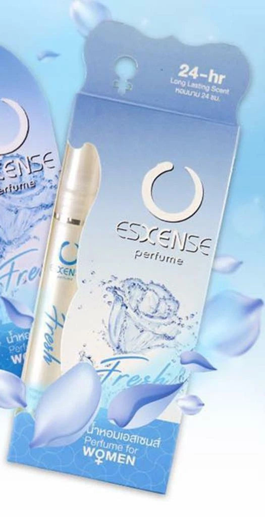Esxense Fresh Women Perfume 9ml roll-on product shown with blue floral fresh theme background.