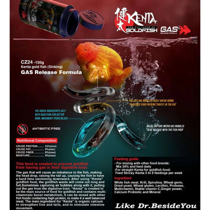 Kenta Goldfish Food promotional image highlighting gas release formula for goldfish