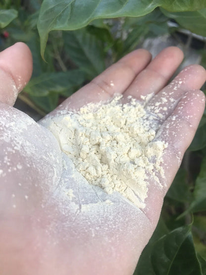 De Leaf Thanaka Talcum Powder texture on hand showing fine powder consistency