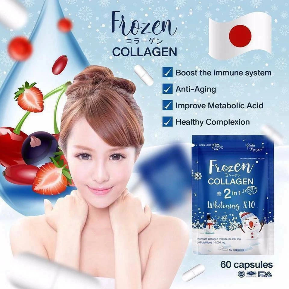 Frozen Collagen 2 in 1 Whitening X10 supplement advertisement with woman, fruits, and product packaging on a blue background