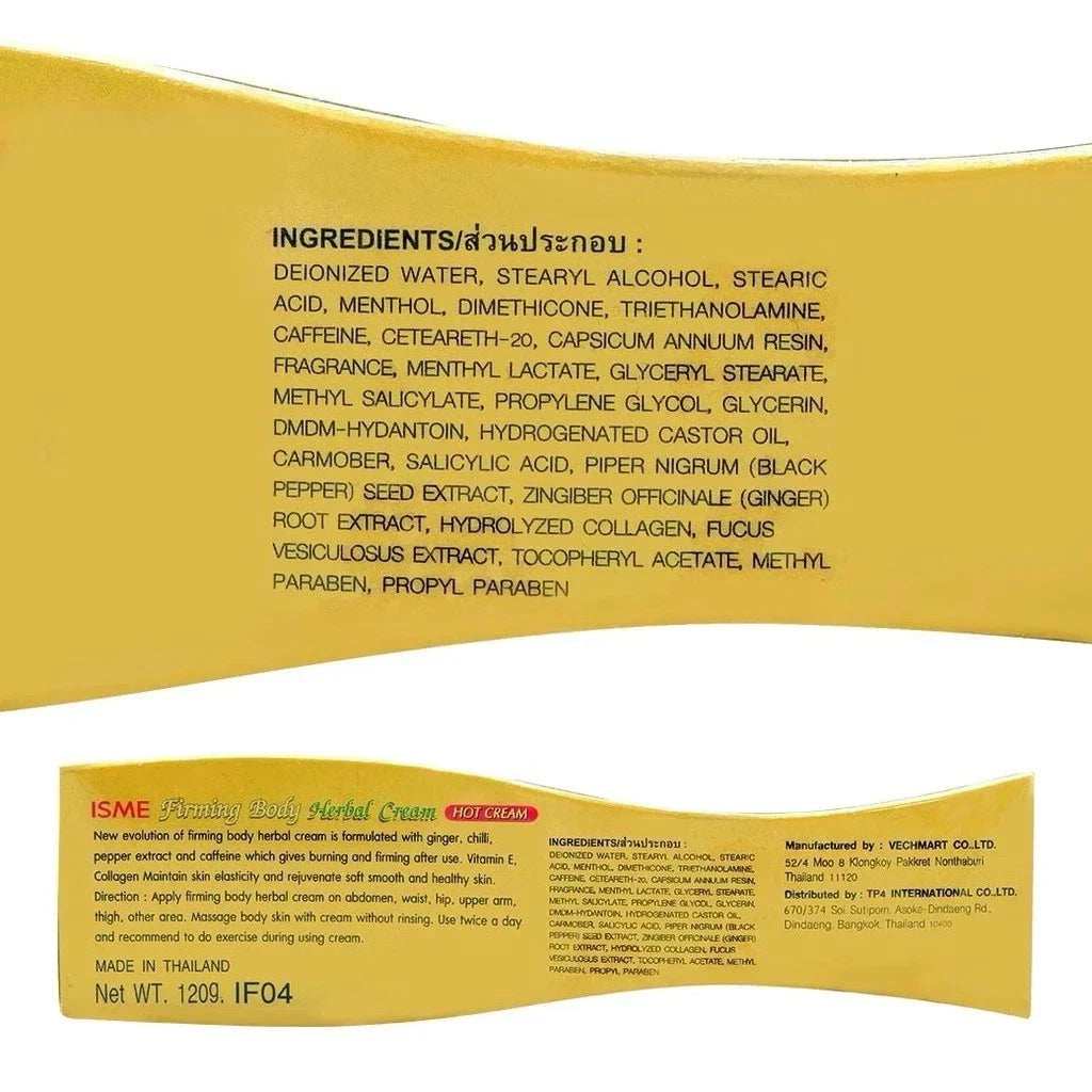 ISME Herbal Hot Cream 120ml ingredients list showcasing key components like chilli, ginger, and menthol for firming.