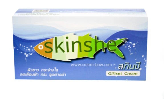 Skinshe Whitening Cream Set gift box with fish logo design on blue background for melasma and dark spot care