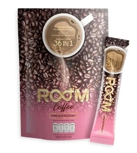 Room Coffee 36 in 1 Instant Coffee with sachets and premium Arabica coffee packaging